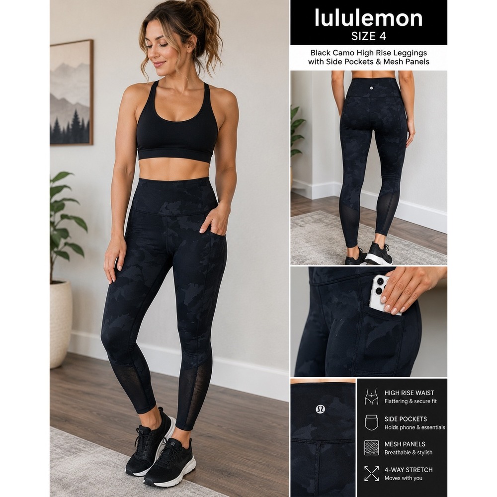 Lululemon Camo Mesh Panel Leggings Grey Black High Rise 7/8 Tights Size 4